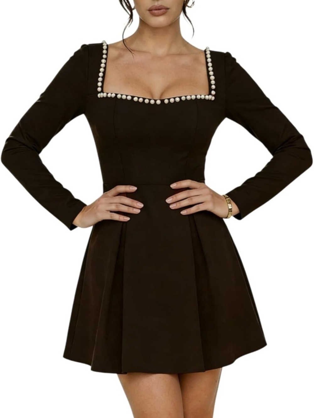 Elegant Black Pearl-Trim Long Sleeve Dress